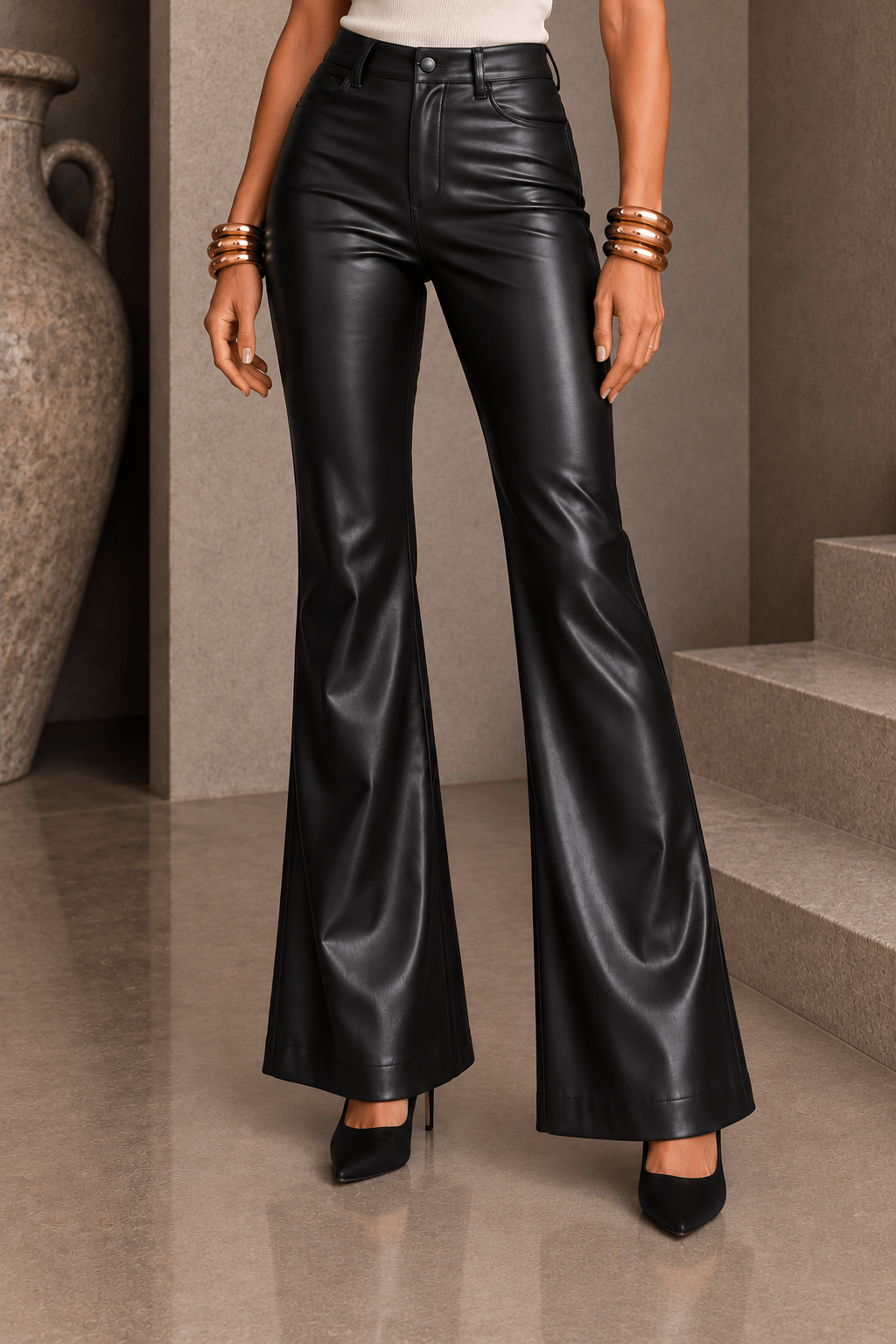 Black Pleather Flared Trousers - STYLED BY ALX COUTUREPants