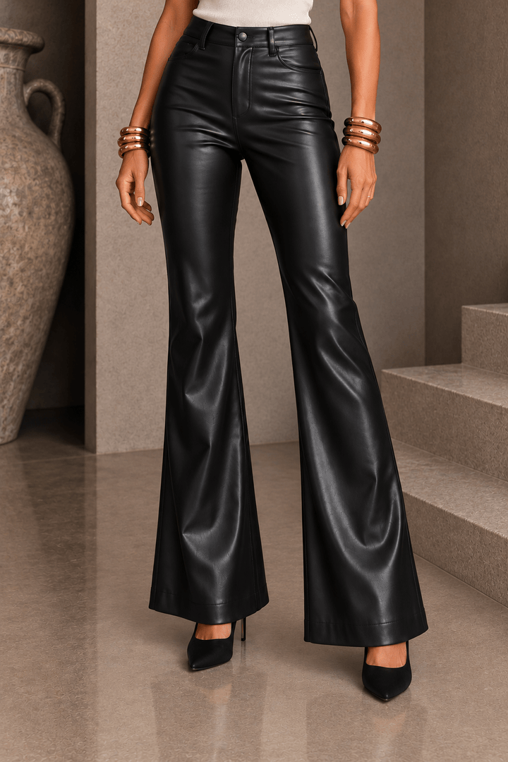 Black Pleather Flared Trousers - STYLED BY ALX COUTUREPants