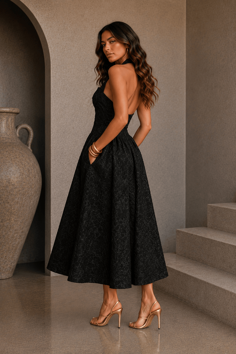 Black Puff Jacquard Midi Dress - STYLED BY ALX COUTUREDRESS