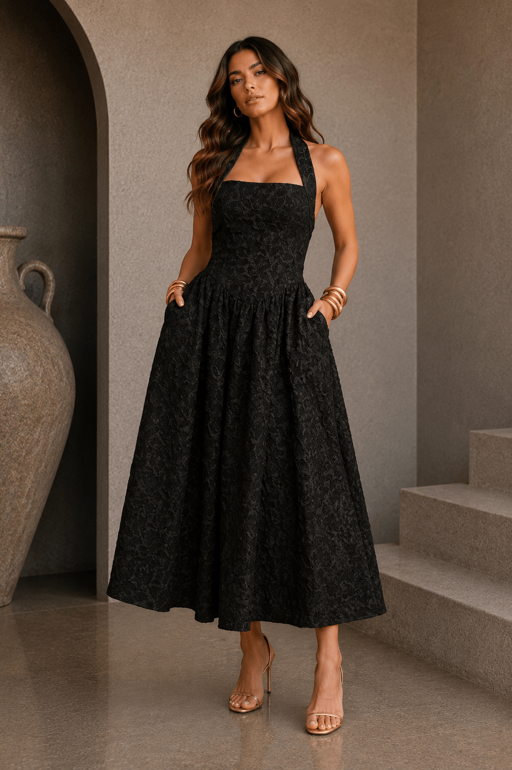 Black Puff Jacquard Midi Dress - STYLED BY ALX COUTUREDRESS