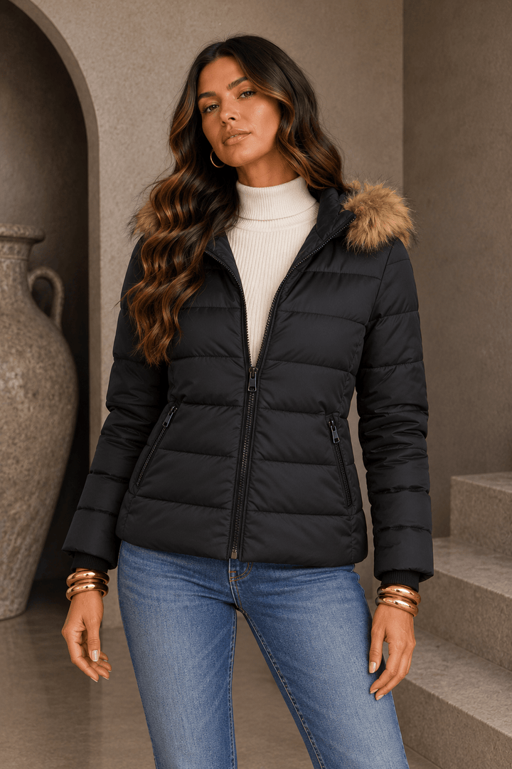 Black Puffer Jacket With Faux Fur Hoodie Lining - STYLED BY ALX COUTURECoats &amp; Jackets
