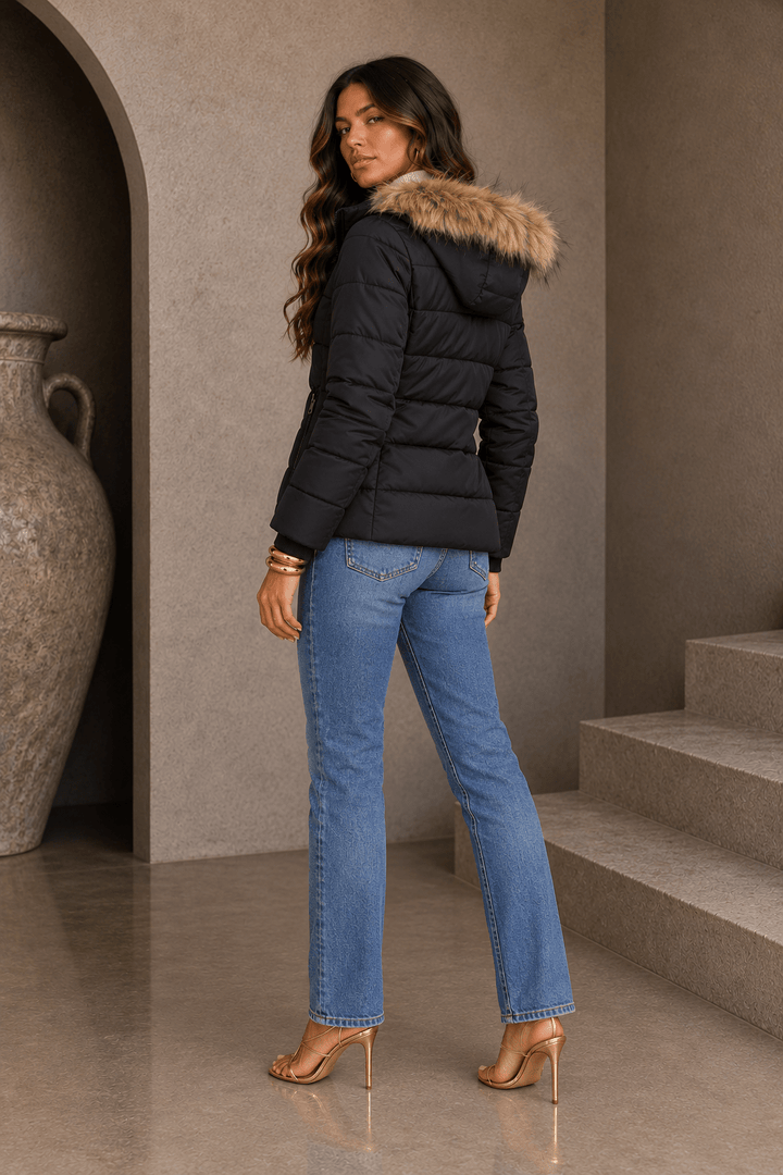 Black Puffer Jacket With Faux Fur Hoodie Lining - STYLED BY ALX COUTURECoats &amp; Jackets