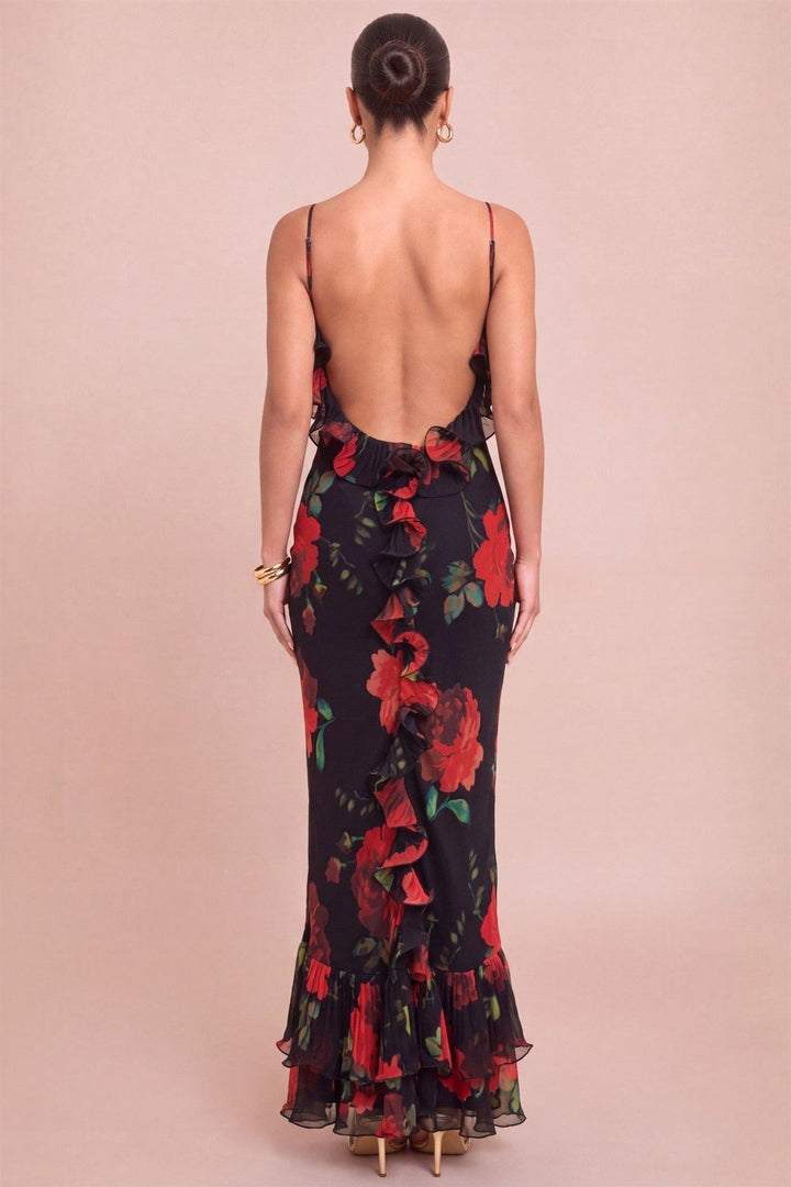 Black Red Rose Ruffled Open Back Maxi Dress - STYLED BY ALX COUTUREDresses