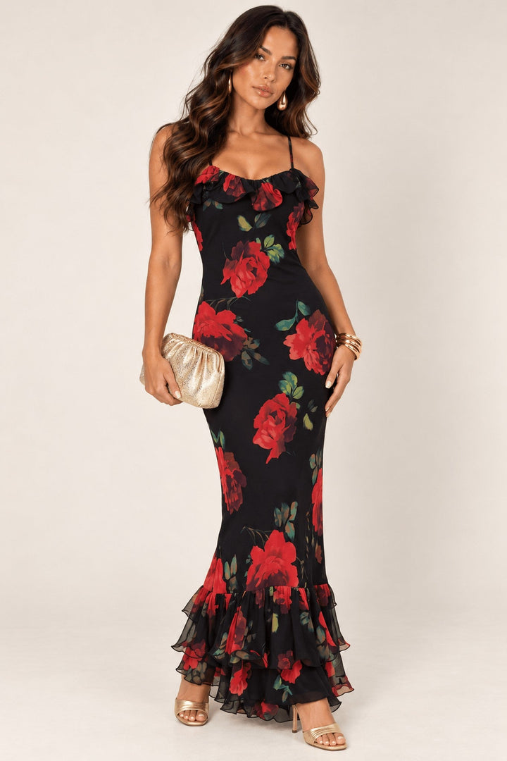 Black Red Rose Ruffled Open Back Maxi Dress - STYLED BY ALX COUTUREDresses
