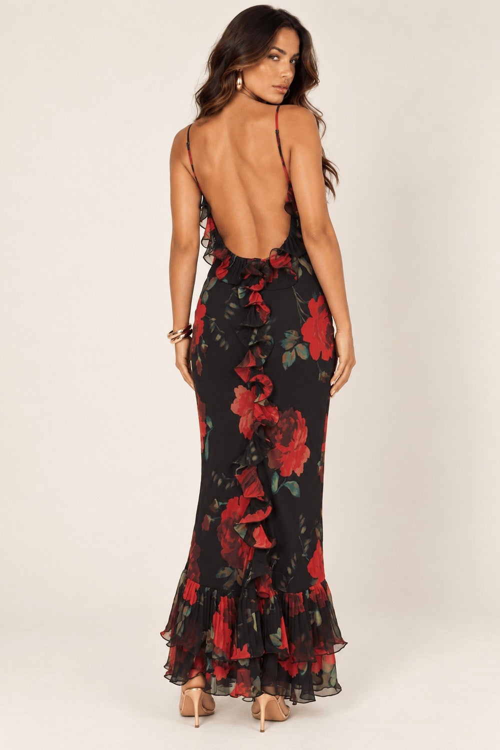 Black Red Rose Ruffled Open Back Maxi Dress - STYLED BY ALX COUTUREDresses