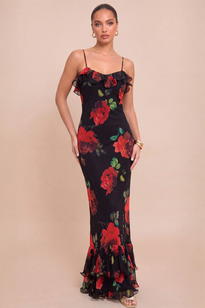 Black Red Rose Ruffled Open Back Maxi Dress - STYLED BY ALX COUTUREDresses