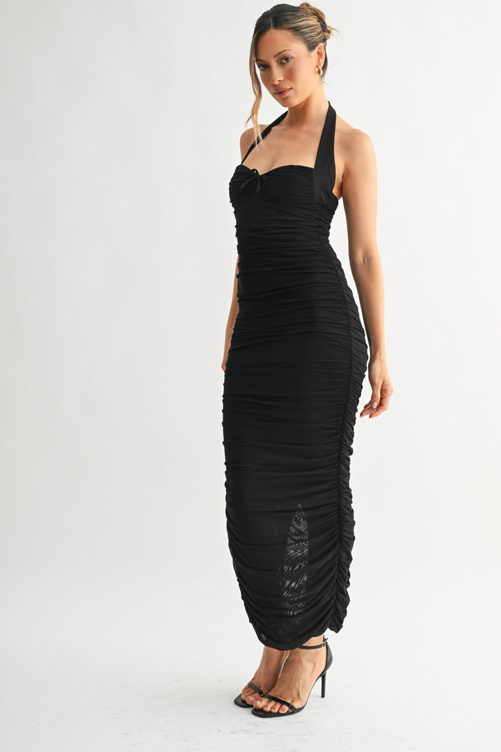 Black Ruched Bow Halter Dress - STYLED BY ALX COUTUREDresses