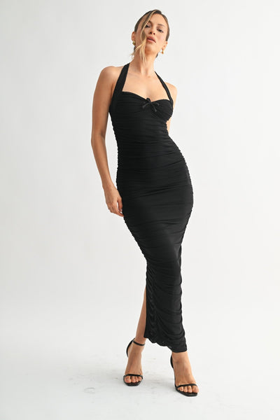 Black Ruched Bow Halter Dress