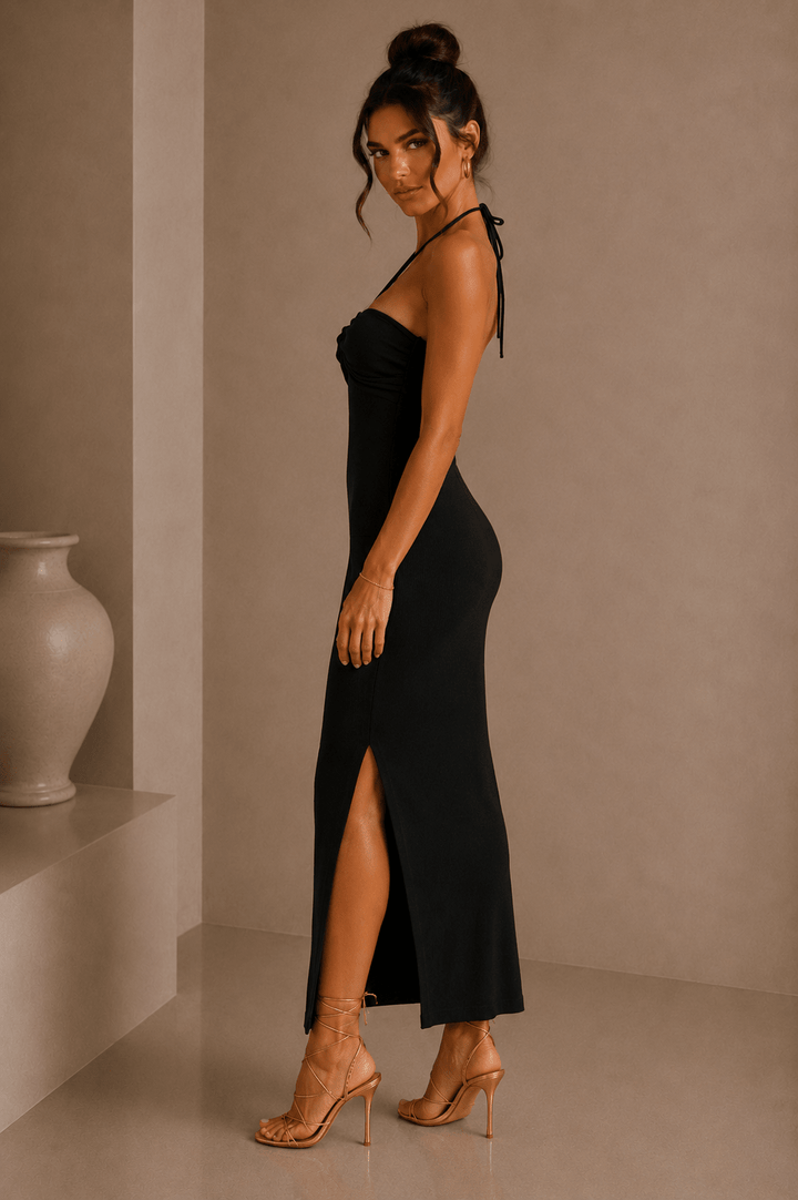 Black Ruched Halter Neck Knit Midi Dress - STYLED BY ALX COUTUREDresses