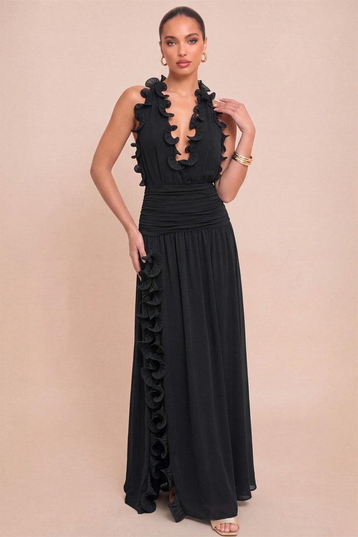 Black Ruffle Trim Chiffon Maxi Dress - STYLED BY ALX COUTUREDresses