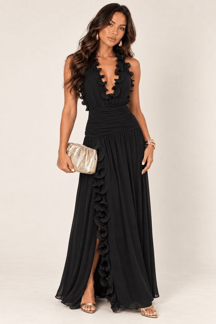 Black Ruffle Trim Chiffon Maxi Dress - STYLED BY ALX COUTUREDresses
