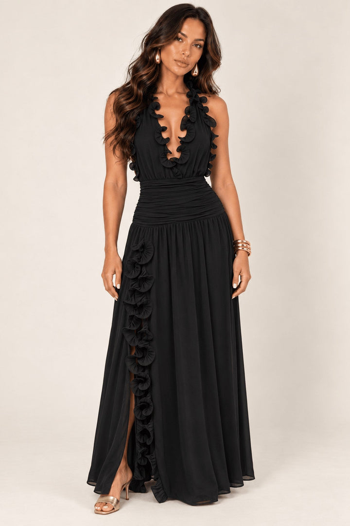 Black Ruffle Trim Chiffon Maxi Dress - STYLED BY ALX COUTUREDresses