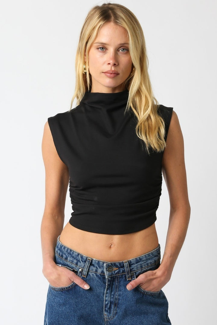 Black Sarah mock neck ruched sleeveless cropped top, front view
