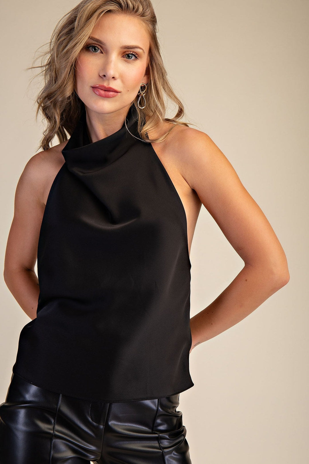 Black Satin Halter Cowl Neck Open Back Top - STYLED BY ALX COUTURETops