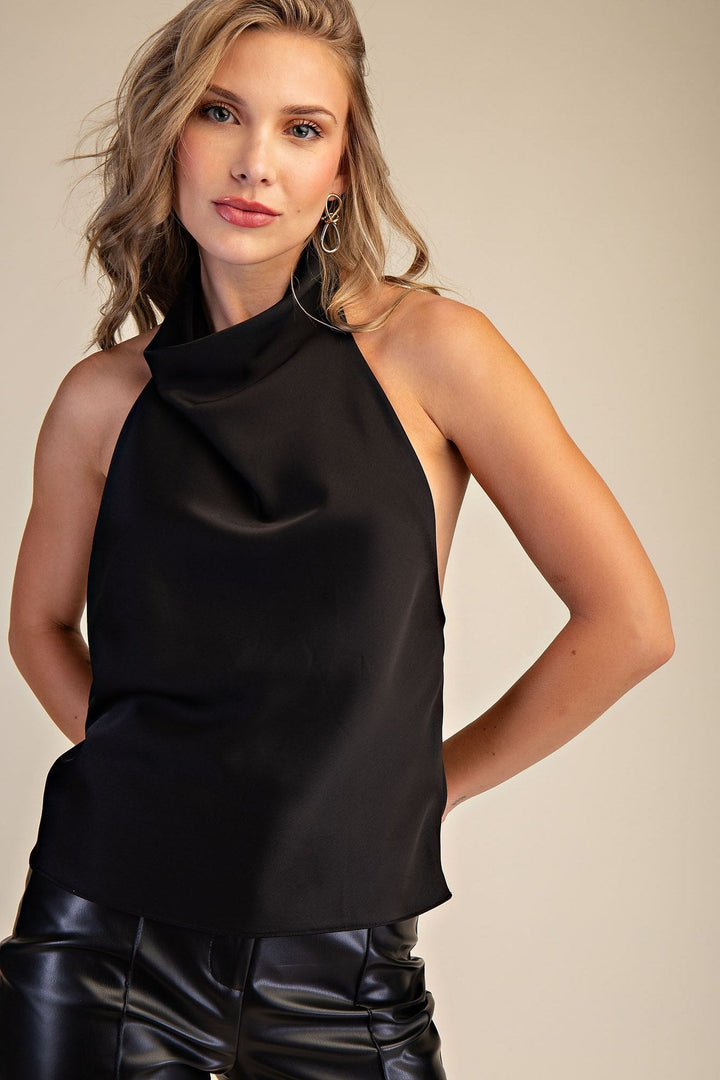 Black Satin Halter Cowl Neck Open Back Top - STYLED BY ALX COUTURETops
