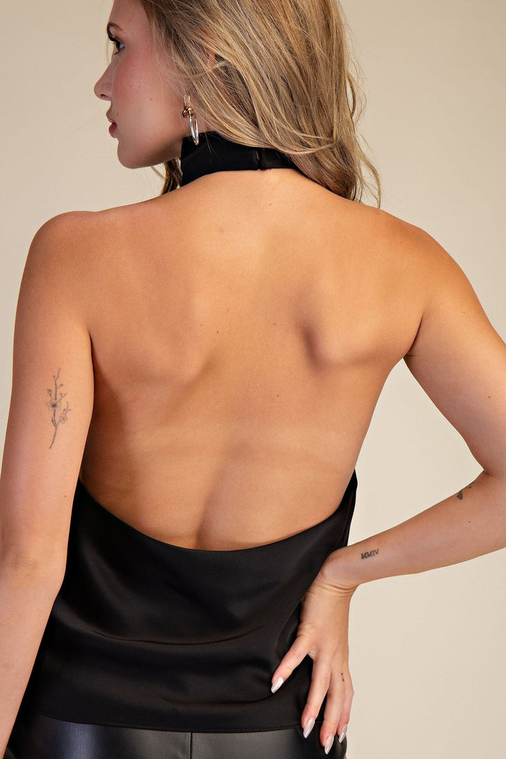 Black Satin Halter Cowl Neck Open Back Top - STYLED BY ALX COUTURETops