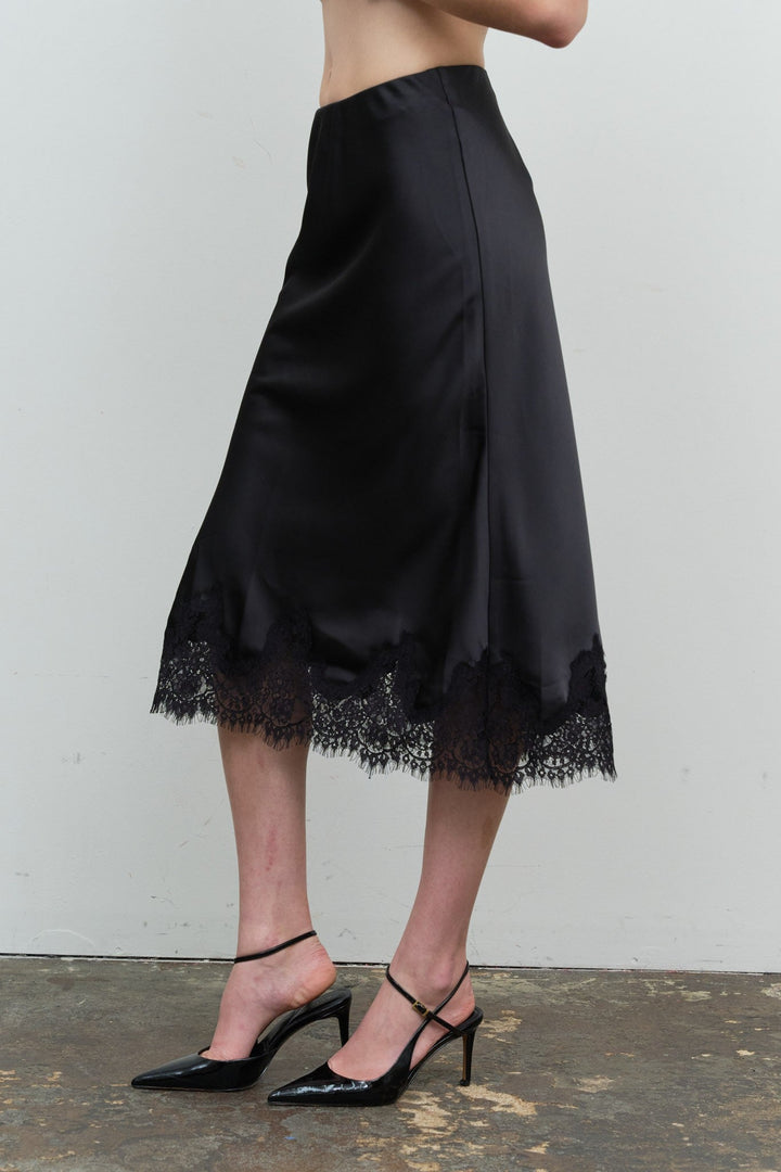 Black Satin Lace Midi Skirt - STYLED BY ALX COUTURESkirts &amp; Skorts