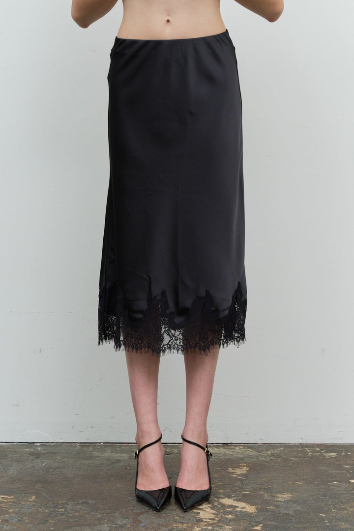 Black Satin Lace Midi Skirt - STYLED BY ALX COUTURESkirts &amp; Skorts