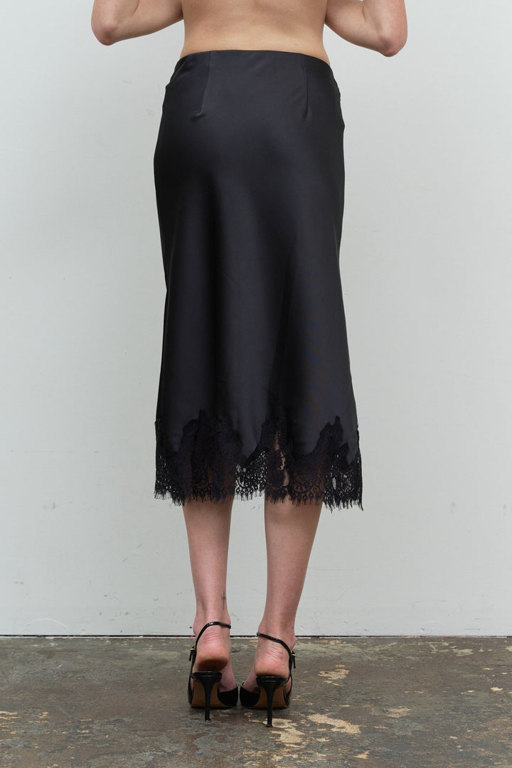 Black Satin Lace Midi Skirt - STYLED BY ALX COUTURESkirts &amp; Skorts