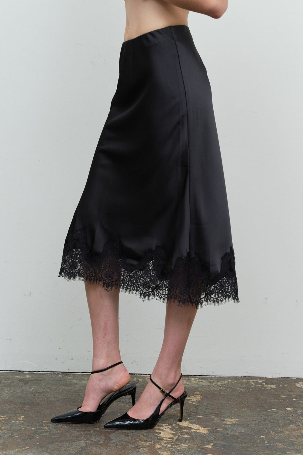 Black Satin Lace Midi Skirt - STYLED BY ALX COUTURESkirts & Skorts