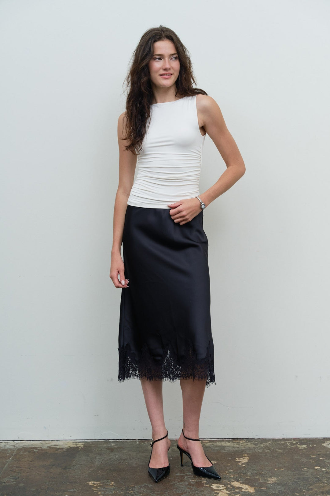 Black Satin Lace Midi Skirt - STYLED BY ALX COUTURESkirts &amp; Skorts