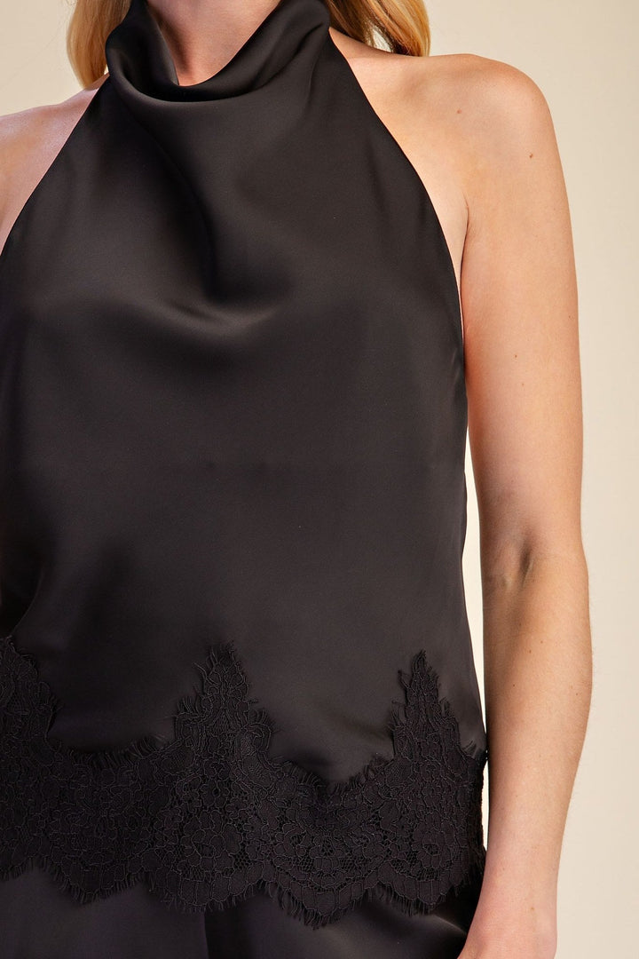Black Satin Lace Trim Halter Cowl Neck Open Back Top - STYLED BY ALX COUTURETops