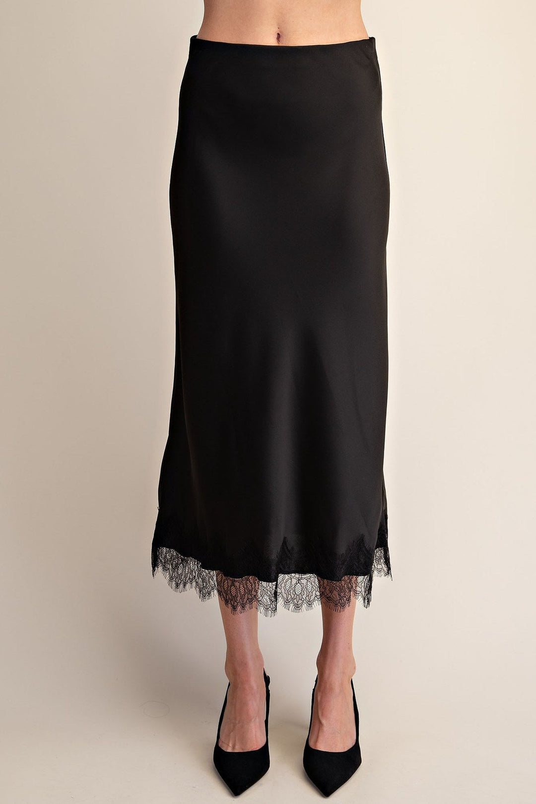 Black Satin Scalloped Lace Cami and Midi Skirt Set - STYLED BY ALX COUTUREOutfit Sets