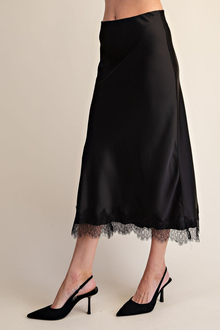 Black Satin Scalloped Lace Cami and Midi Skirt Set - STYLED BY ALX COUTUREOutfit Sets