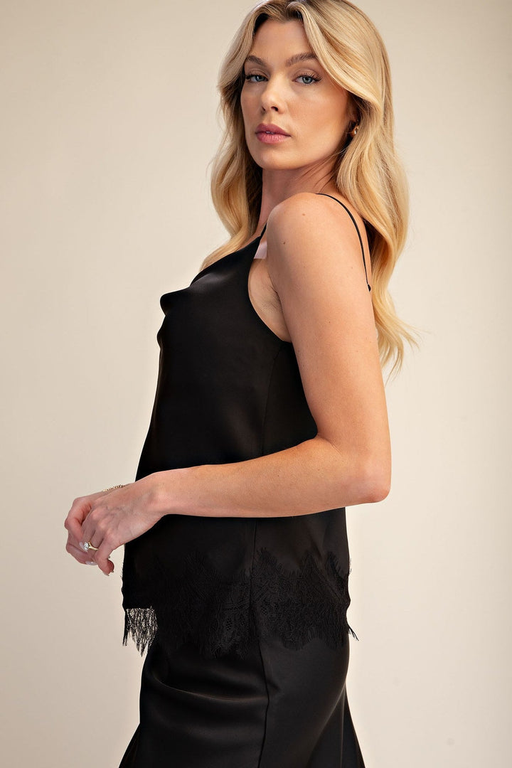 Black Satin Scalloped Lace Cami and Midi Skirt Set - STYLED BY ALX COUTUREOutfit Sets