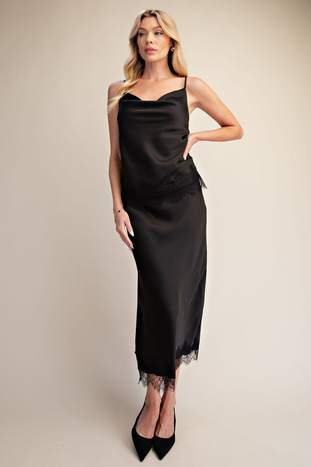 Black Satin Scalloped Lace Cami and Midi Skirt Set - STYLED BY ALX COUTUREOutfit Sets