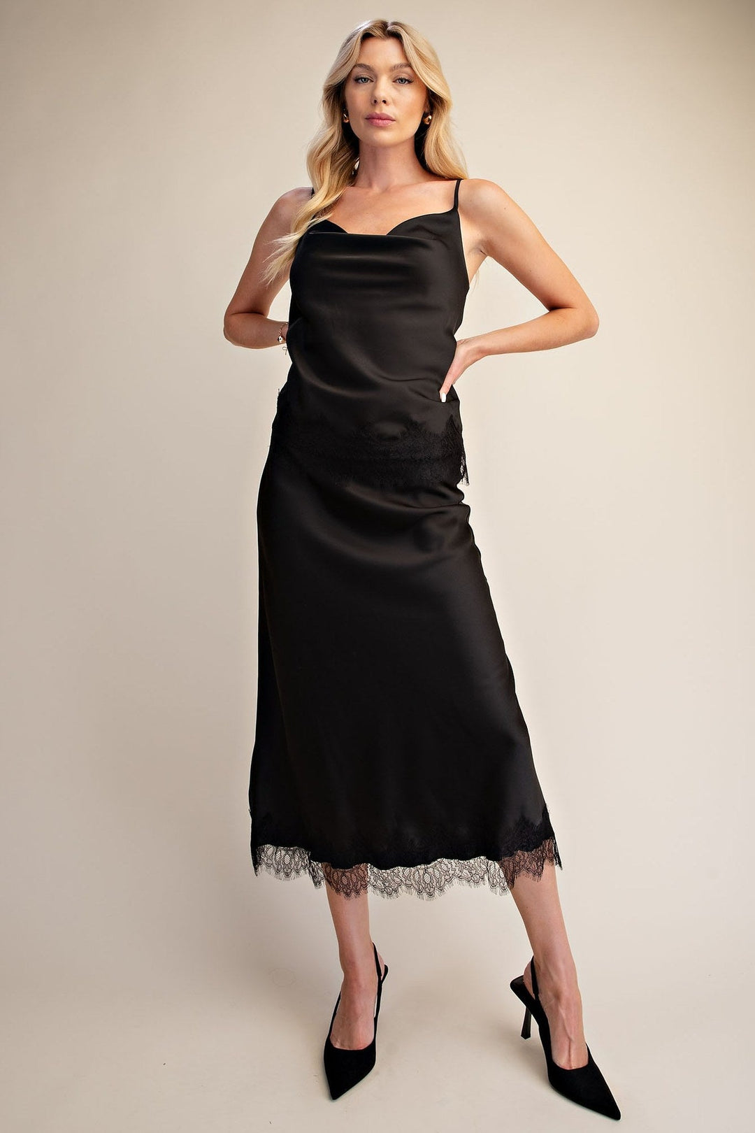 Black Satin Scalloped Lace Cami and Midi Skirt Set - STYLED BY ALX COUTUREOutfit Sets