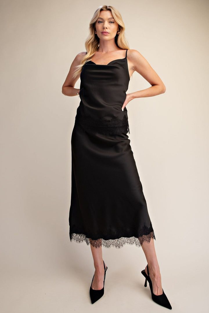 Black Satin Scalloped Lace Cami and Midi Skirt Set - STYLED BY ALX COUTUREOutfit Sets