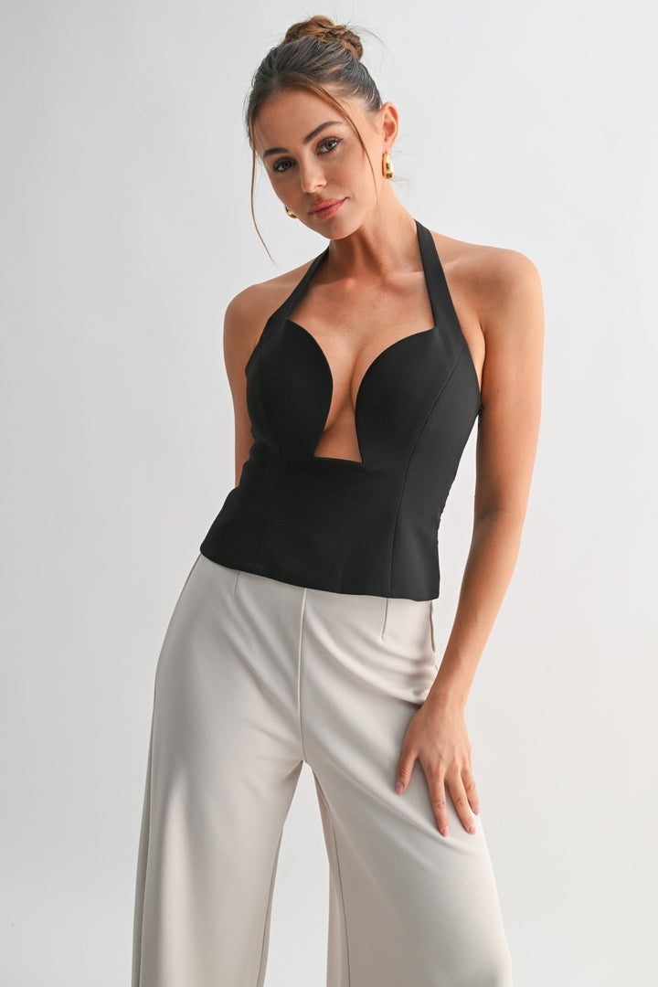 Black Sculpted Halter Peplum Top - STYLED BY ALX COUTURETOPS