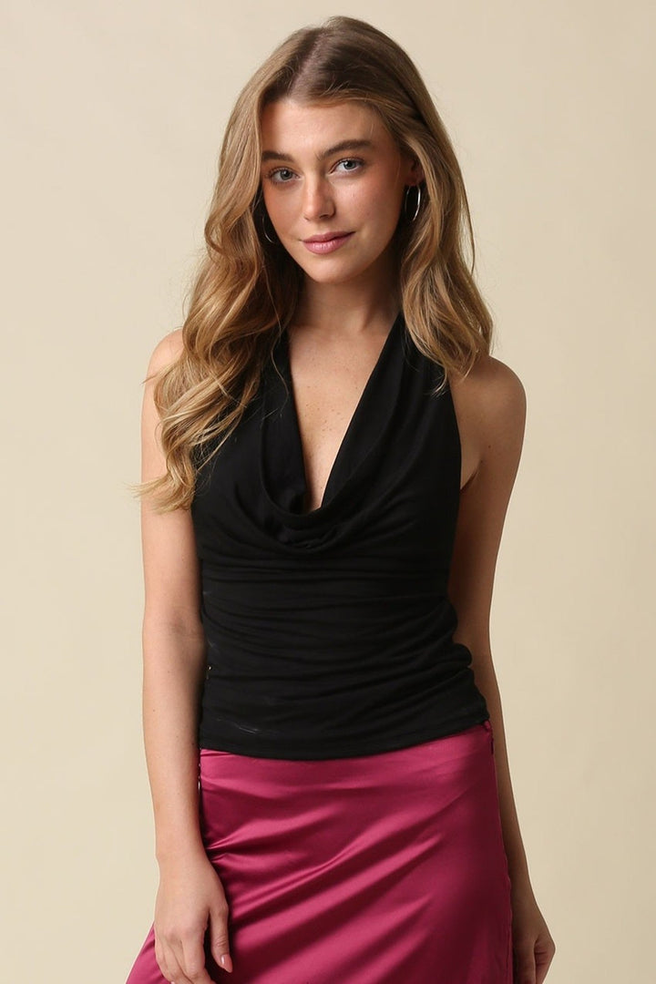Black Sofia Cowl Neck Open Back Halter Top - STYLED BY ALX COUTURETops