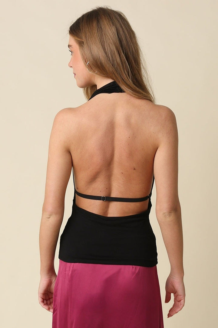 Black Sofia Cowl Neck Open Back Halter Top - STYLED BY ALX COUTURETops