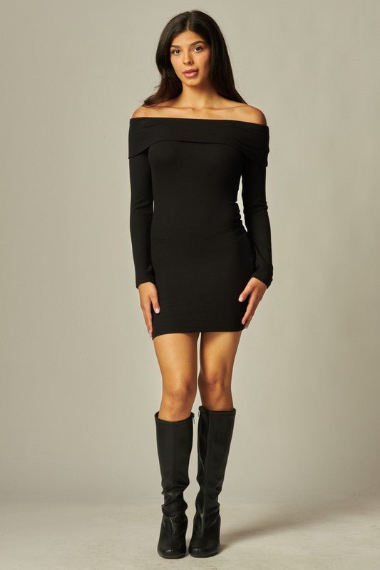 Black Soft Ribbed Knit Off Shoulder Dress STYLED BY ALX COUTURE Black Soft Ribbed Knit Off Shoulder Dress STYLED BY ALX COUTURE