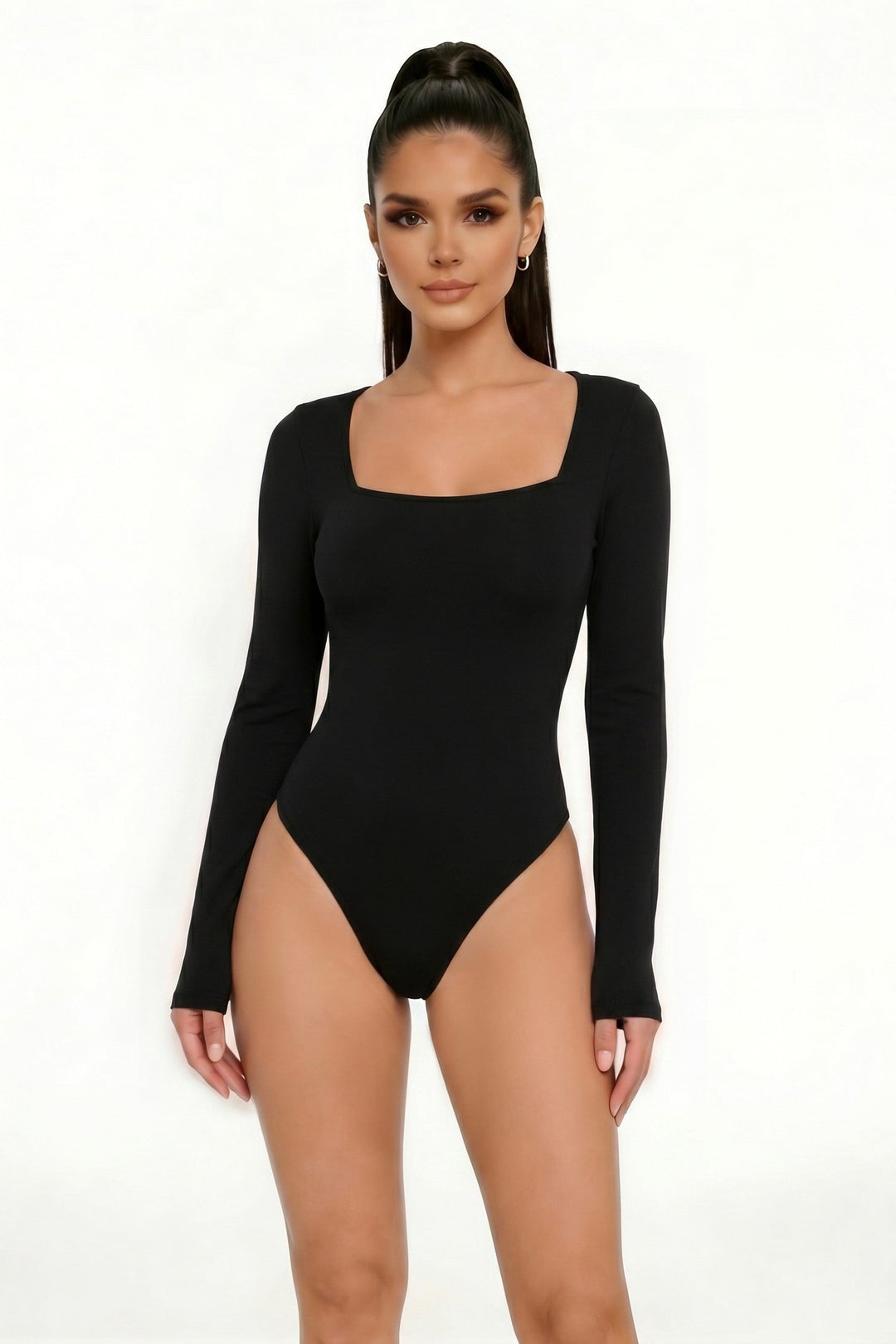 Black square neck long sleeve ribbed bodysuit worn with white pants, front view