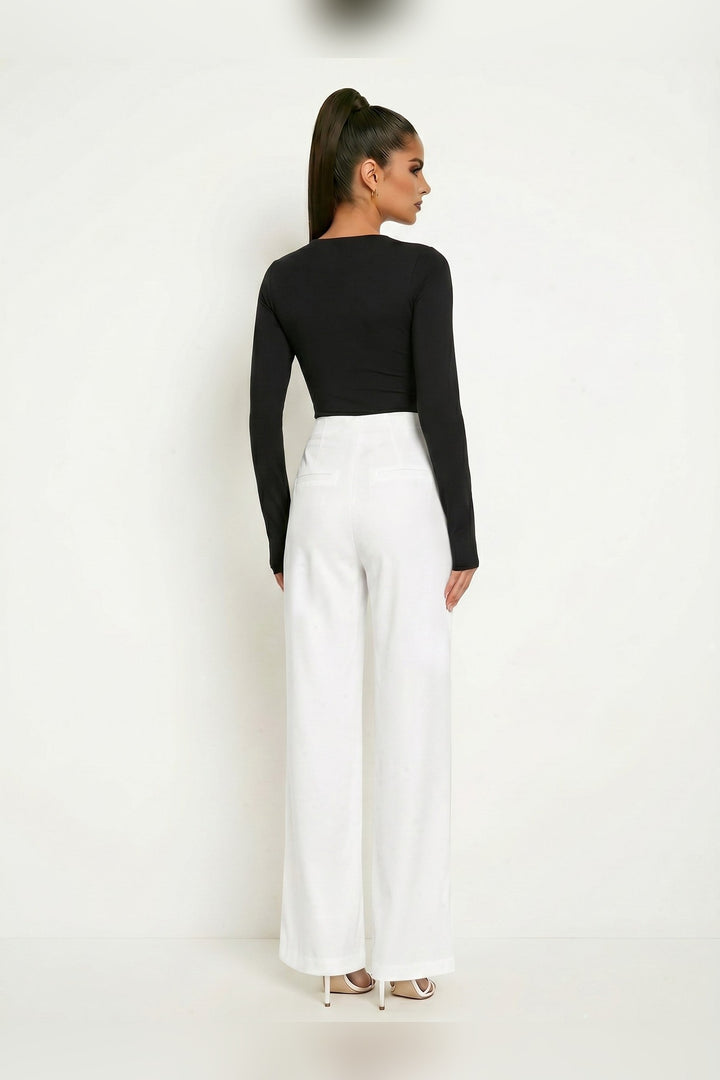 Black long sleeve ribbed bodysuit, back view