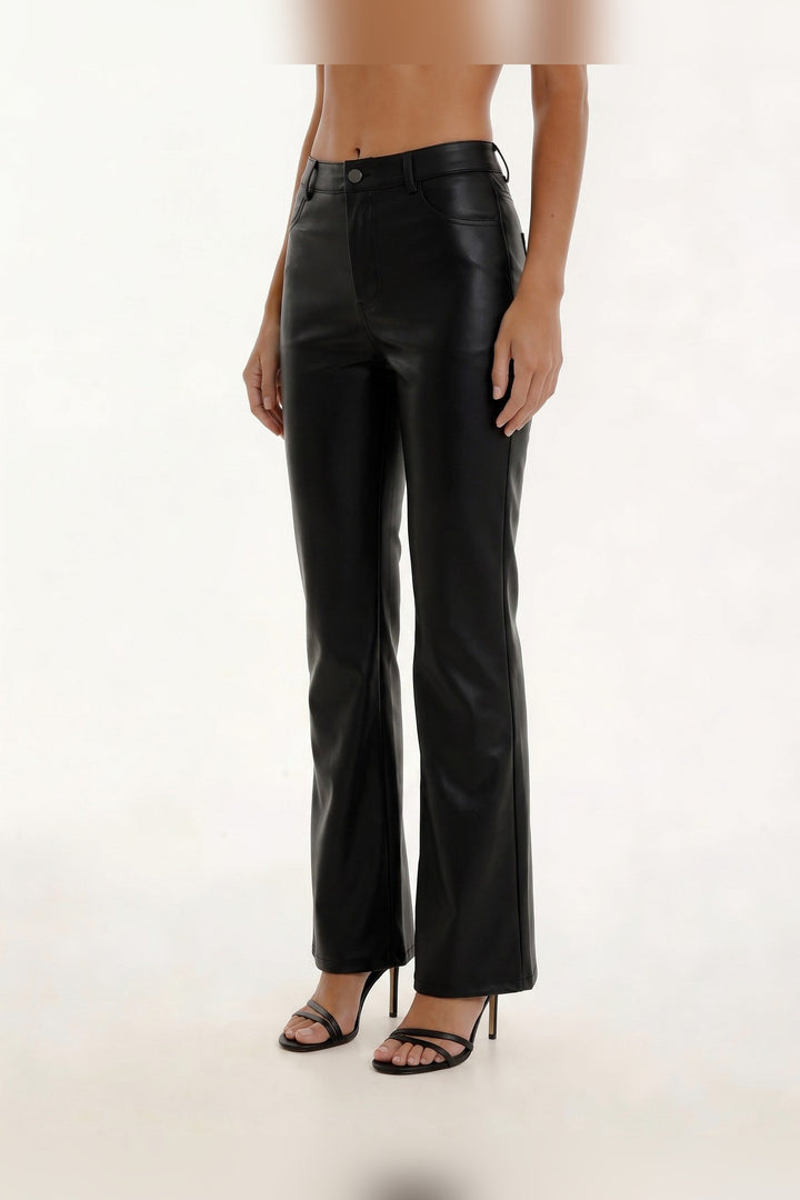 Black straight leg faux leather pants, front view