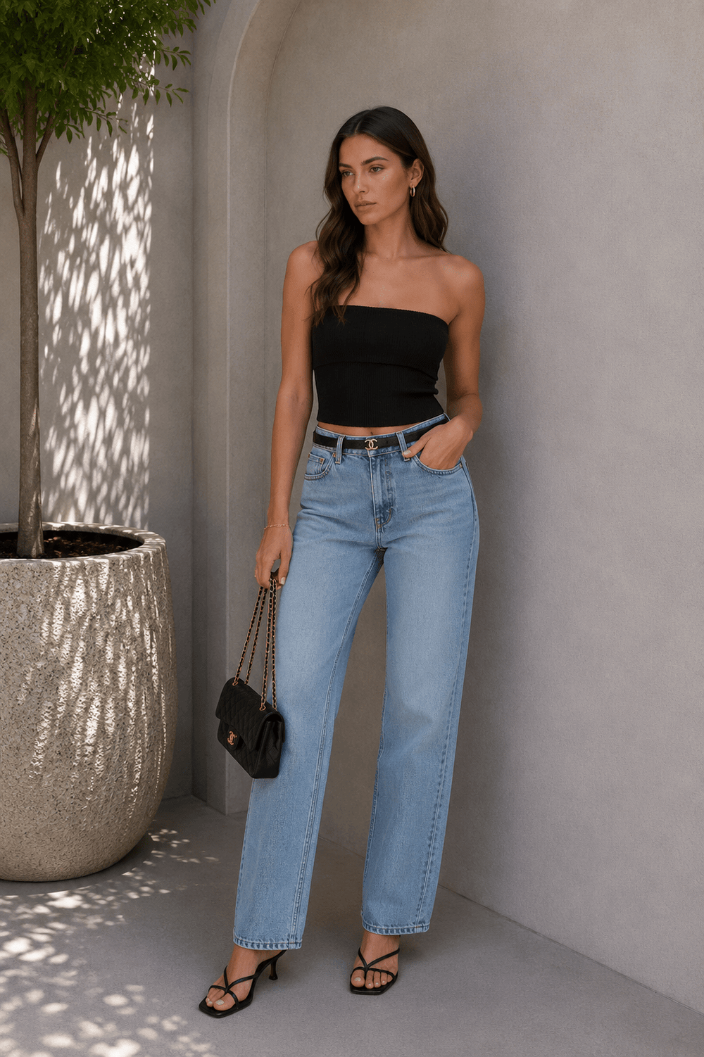 Ultra-stretch ribbed knit bandeau top in black, cropped length