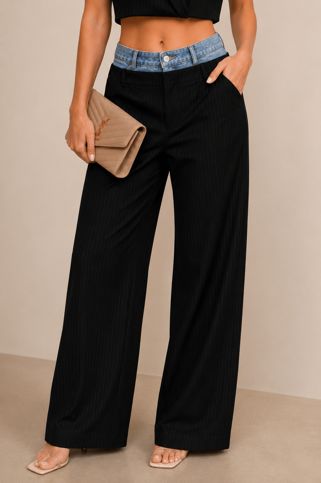 Black Striped Billie Denim Waistband Trousers - STYLED BY ALX COUTUREPants
