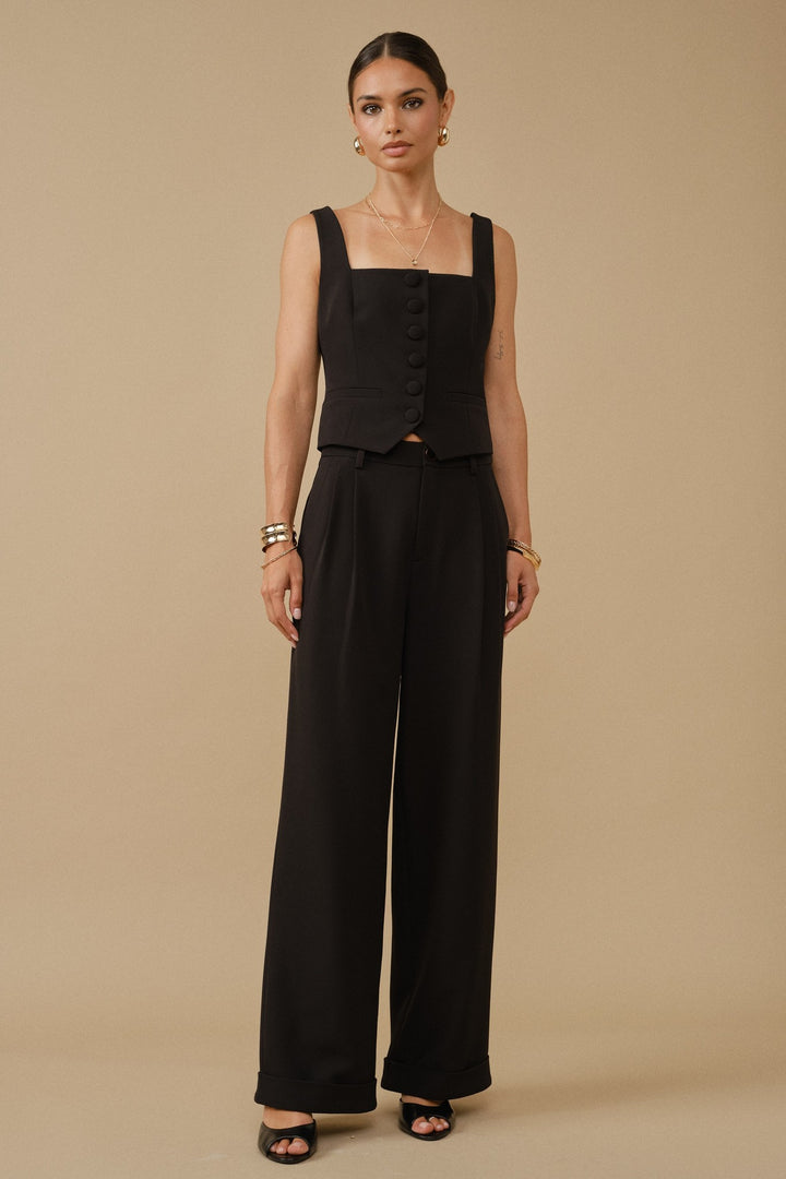 Black tailored wide leg pleated trouser with cuffed hem, front view