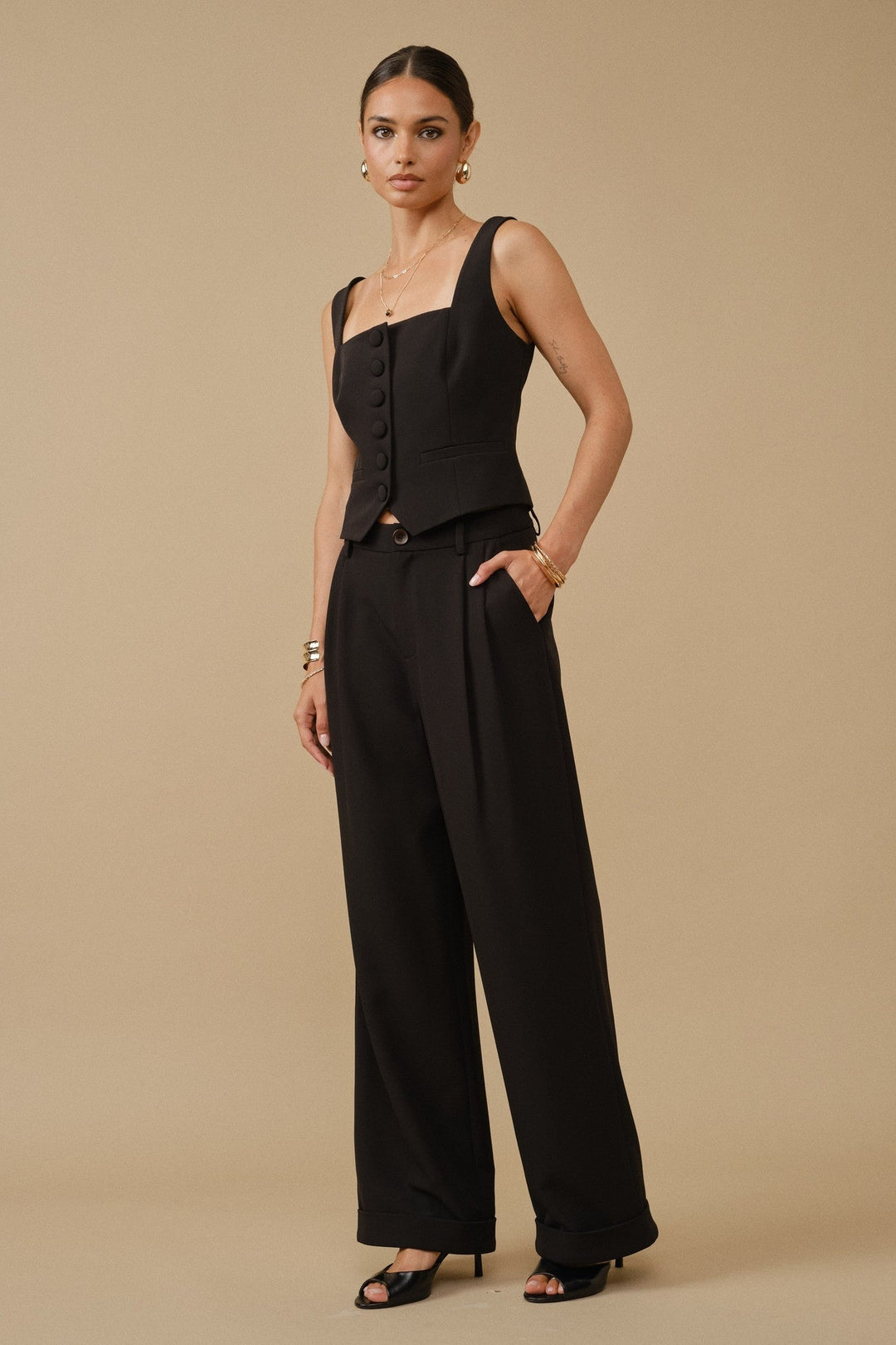 Black Tailored Wide Leg Pleated Trouser - STYLED BY ALX COUTUREPants