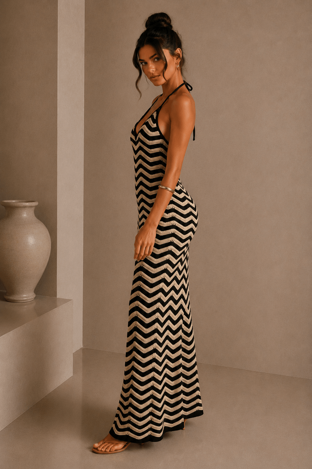 Black & Taupe ZigZag Halter Knitted Maxi Dress - STYLED BY ALX COUTUREDresses