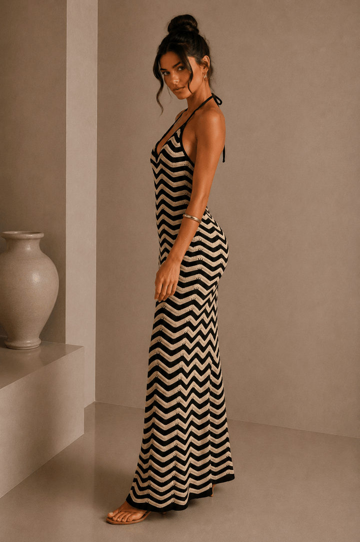 Black & Taupe ZigZag Halter Knitted Maxi Dress - STYLED BY ALX COUTUREDresses