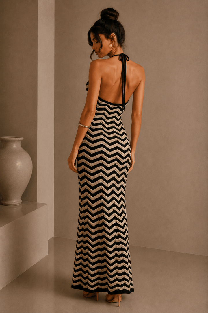 Black & Taupe ZigZag Halter Knitted Maxi Dress - STYLED BY ALX COUTUREDresses