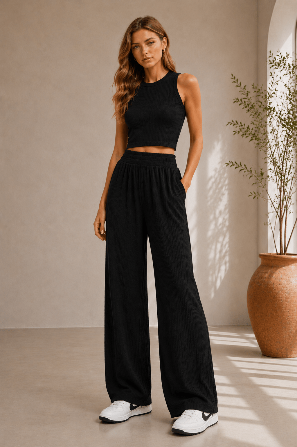 Black Textured Cropped Top Pant Set - STYLED BY ALX COUTUREPANT SETS