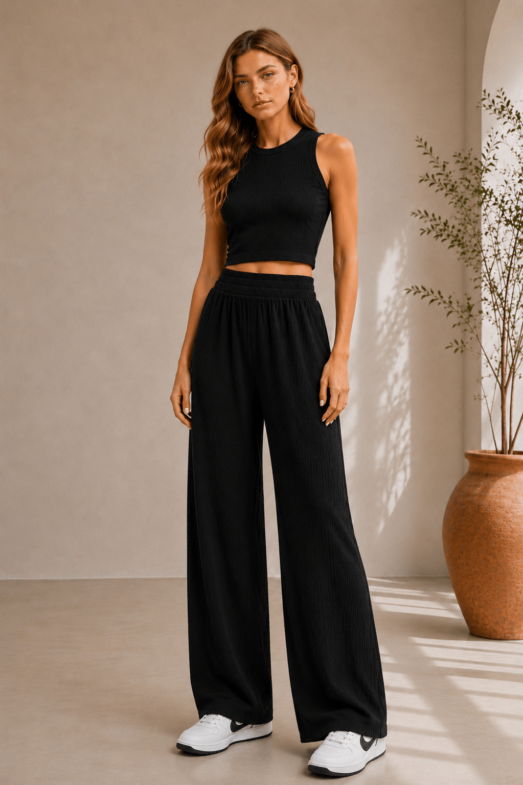 Black Textured Cropped Top Pant Set - STYLED BY ALX COUTUREPANT SETS