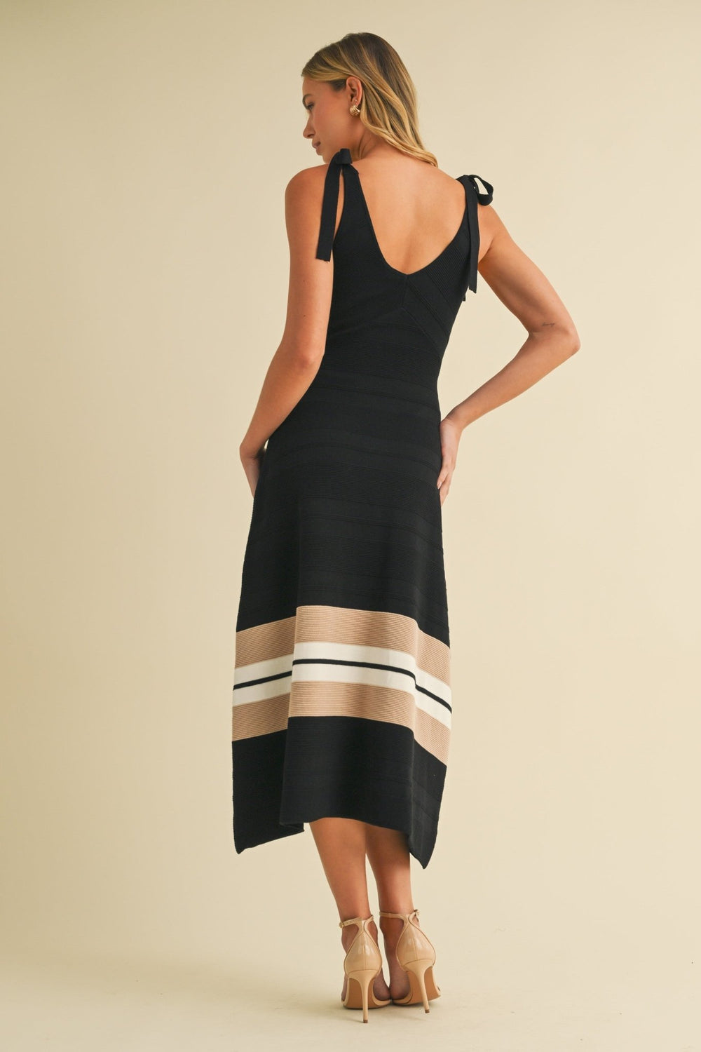 Elegant black knit midi dress with adjustable tie straps