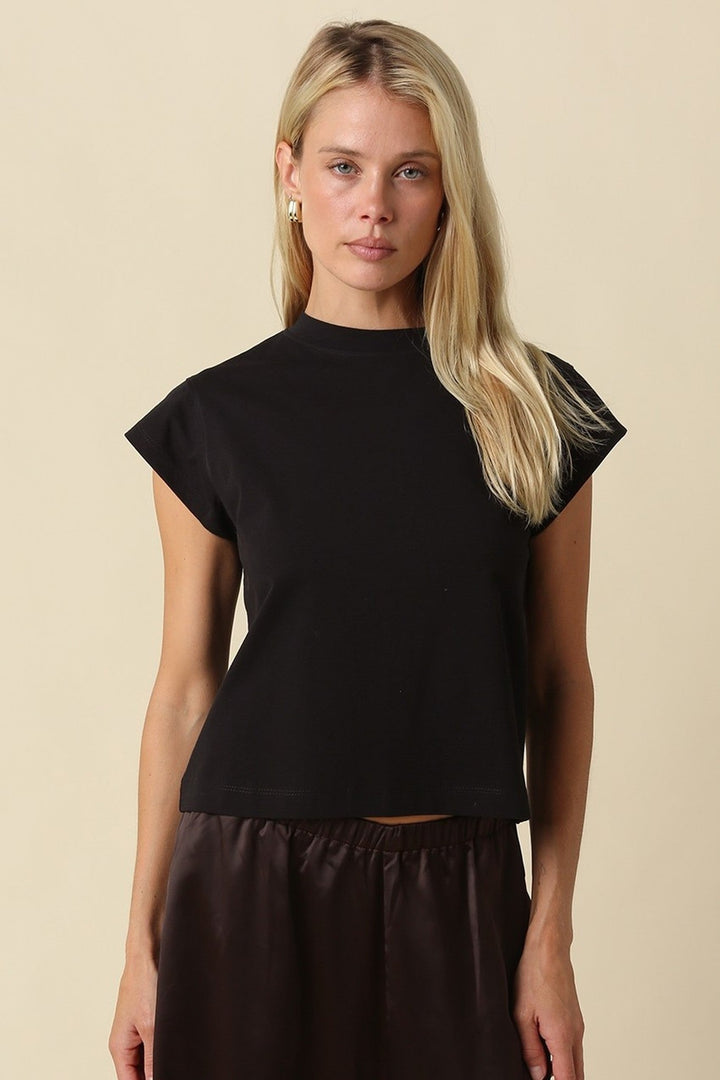 Black Valerie Mock Neck Cap Sleeve Crop Tee - STYLED BY ALX COUTURETops